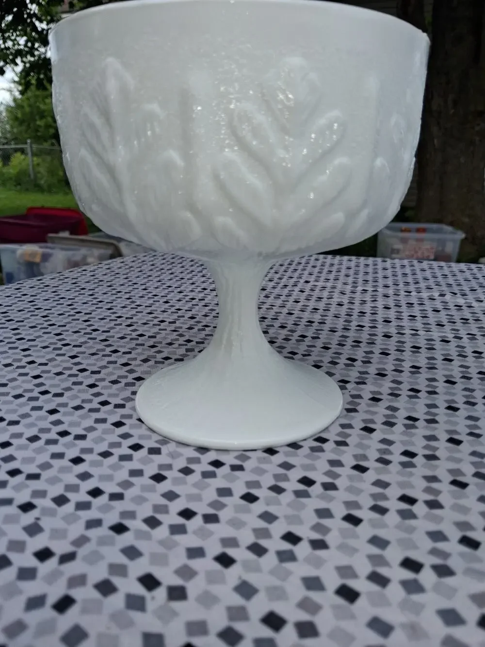 Vintage 1978 FTD White Milk Glass Oak Leaf Pattern Pedestal Compote Bowl
